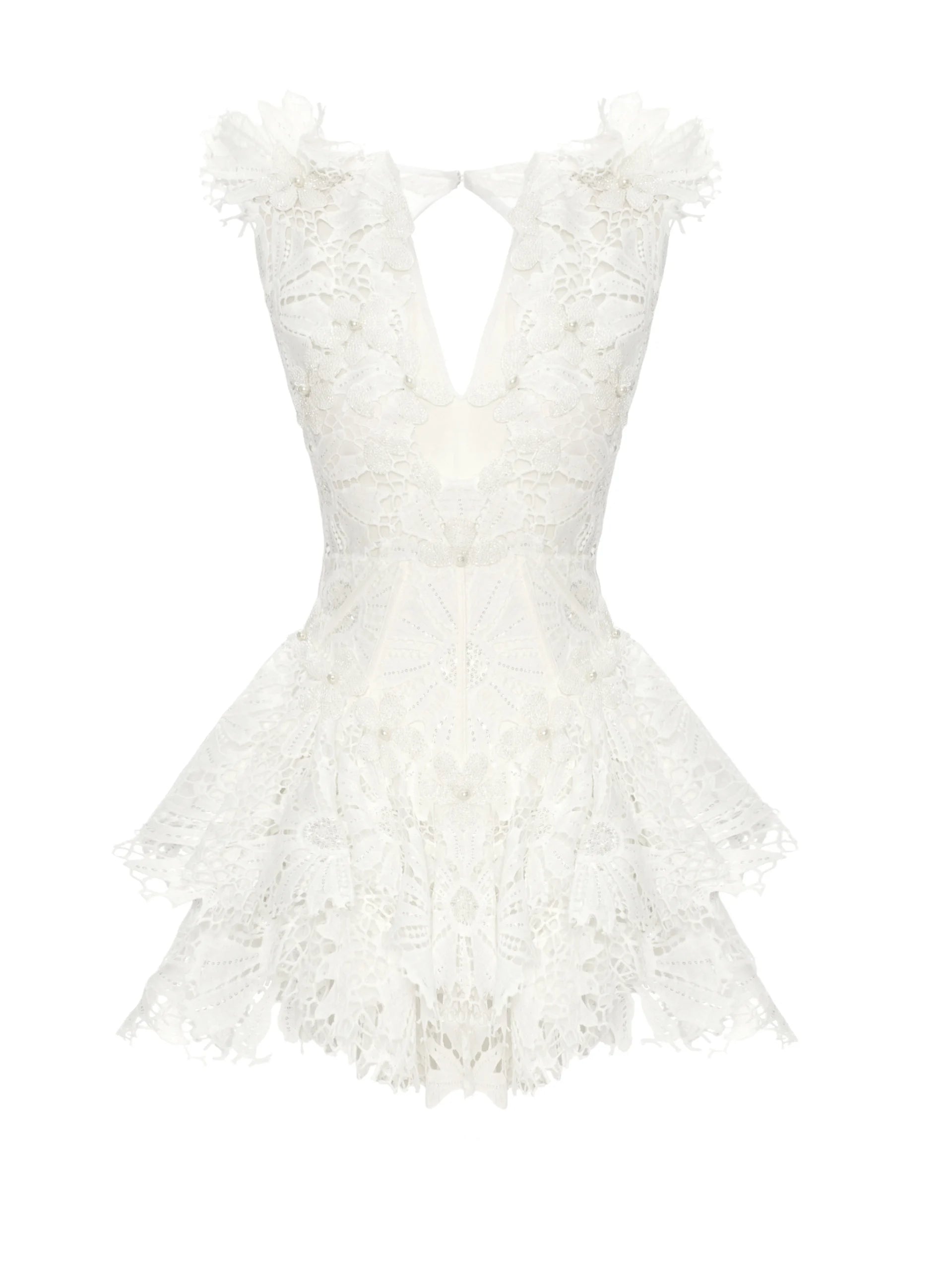 V-neck Handmade Floral Lace Mini Dress