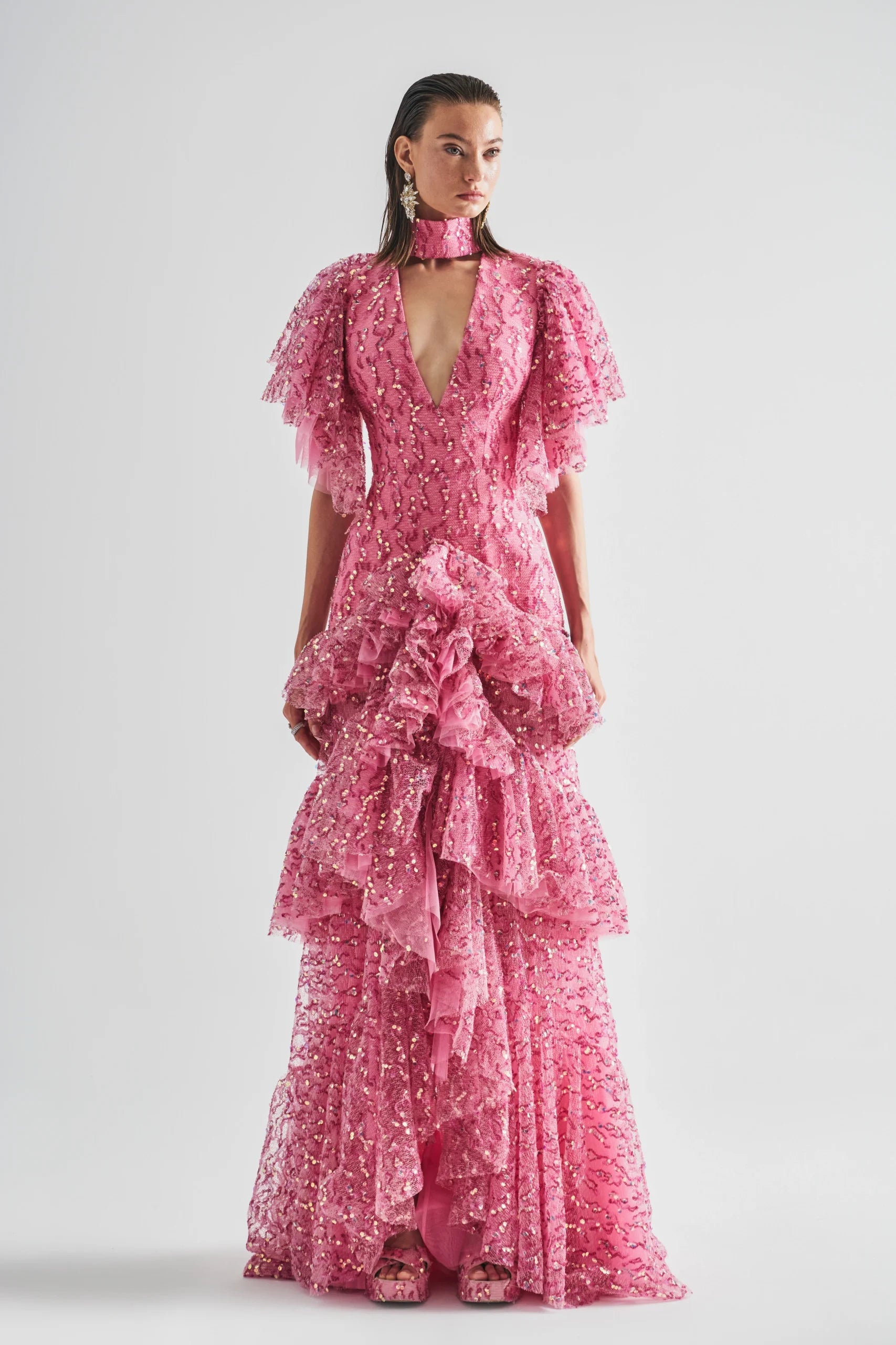 V-neckline Layered Tulle Sequin Dress