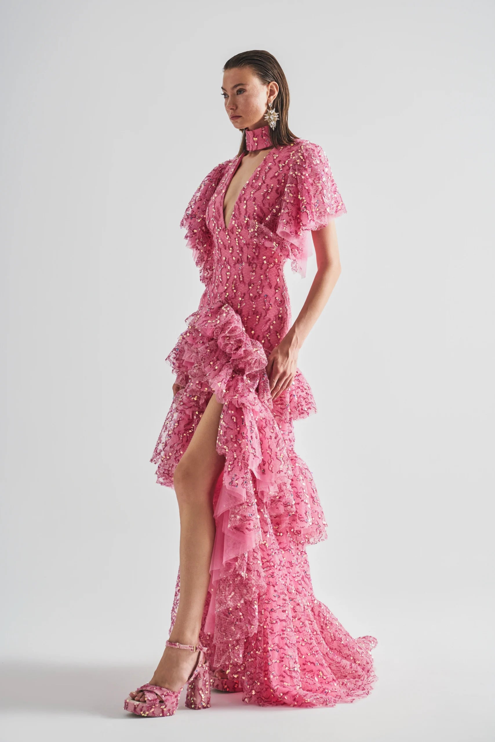 V-neckline Layered Tulle Sequin Dress