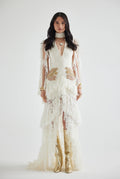 V-neckline and front slit with Embroidered Ruffled Lace Dress