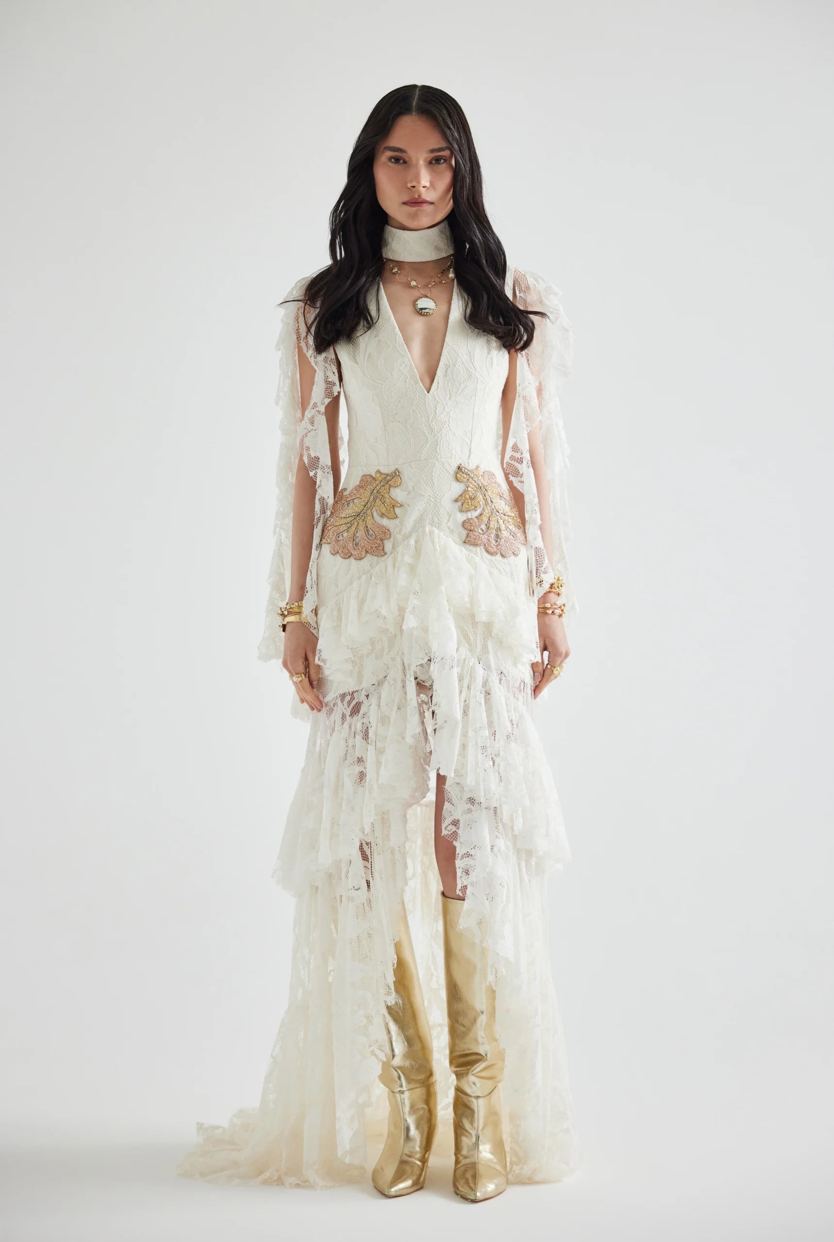 V-neckline and front slit with Embroidered Ruffled Lace Dress