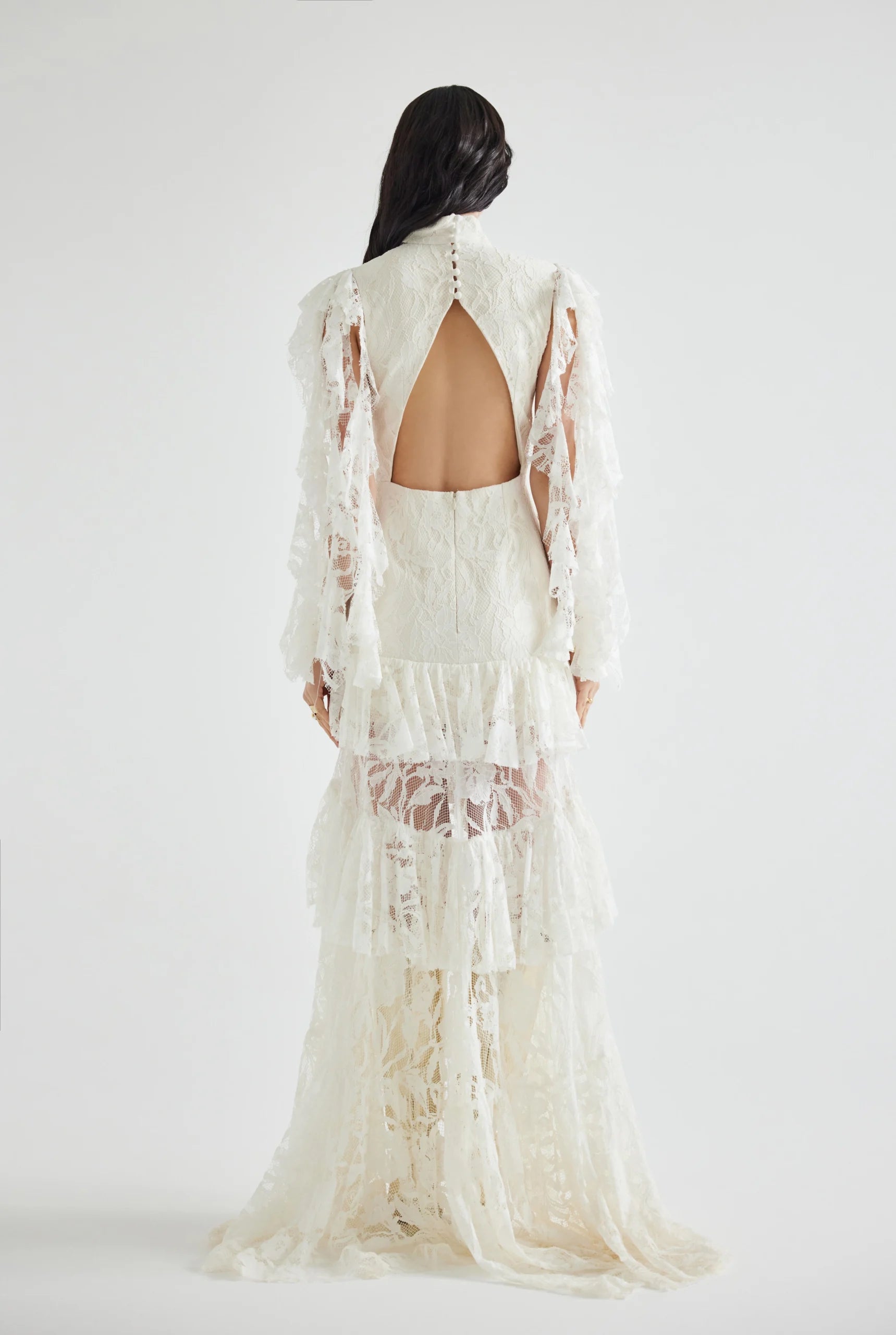 V-neckline and front slit with Embroidered Ruffled Lace Dress