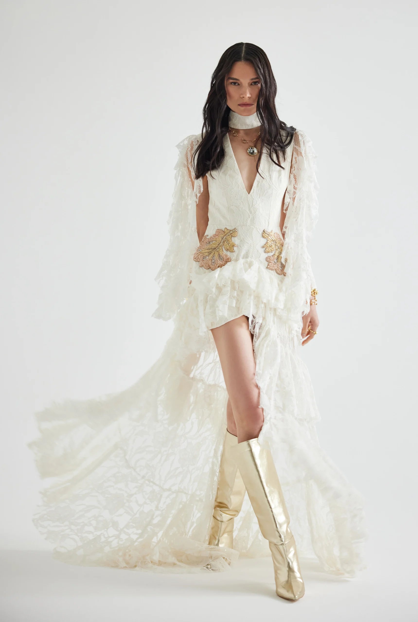 V-neckline and front slit with Embroidered Ruffled Lace Dress
