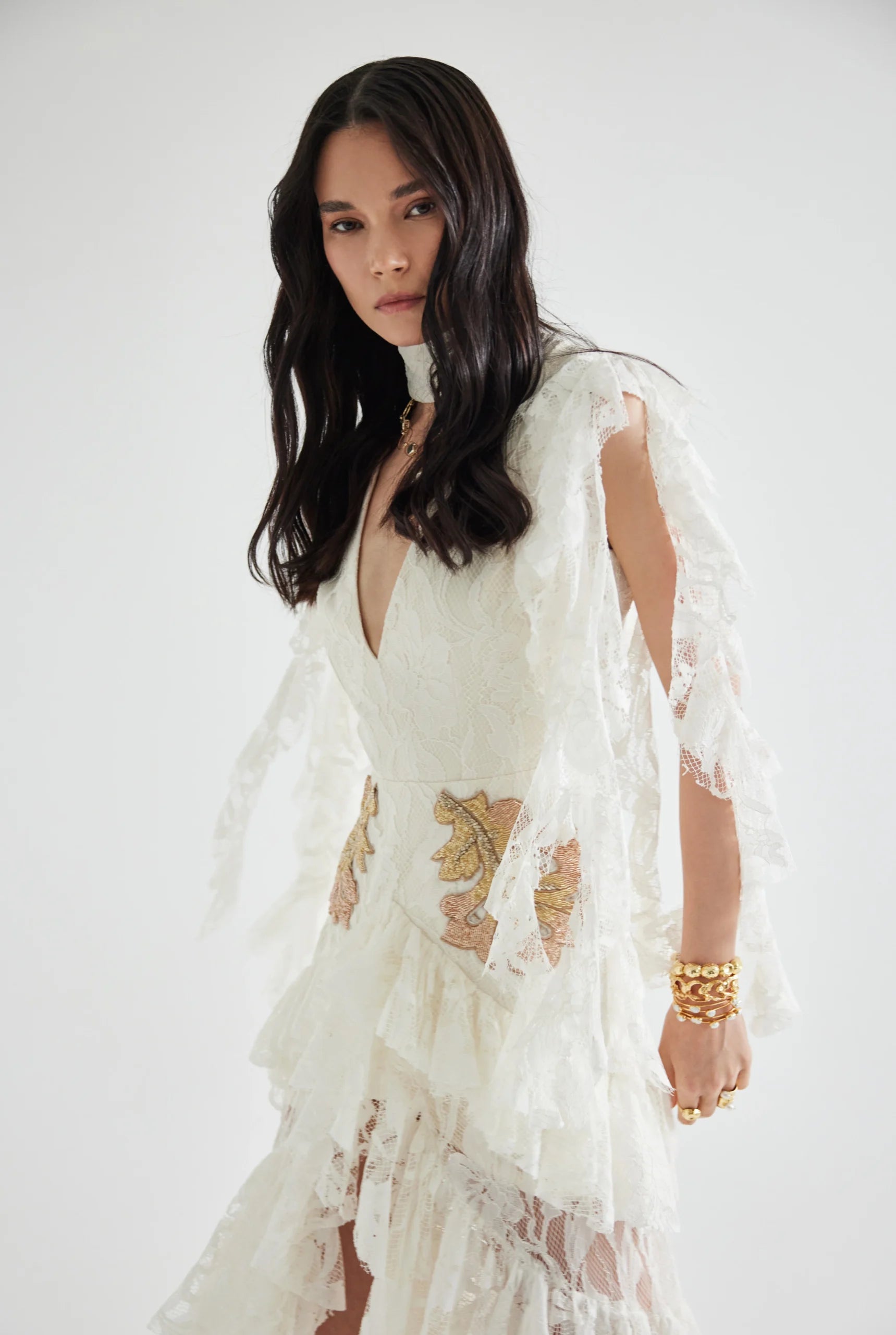 V-neckline and front slit with Embroidered Ruffled Lace Dress