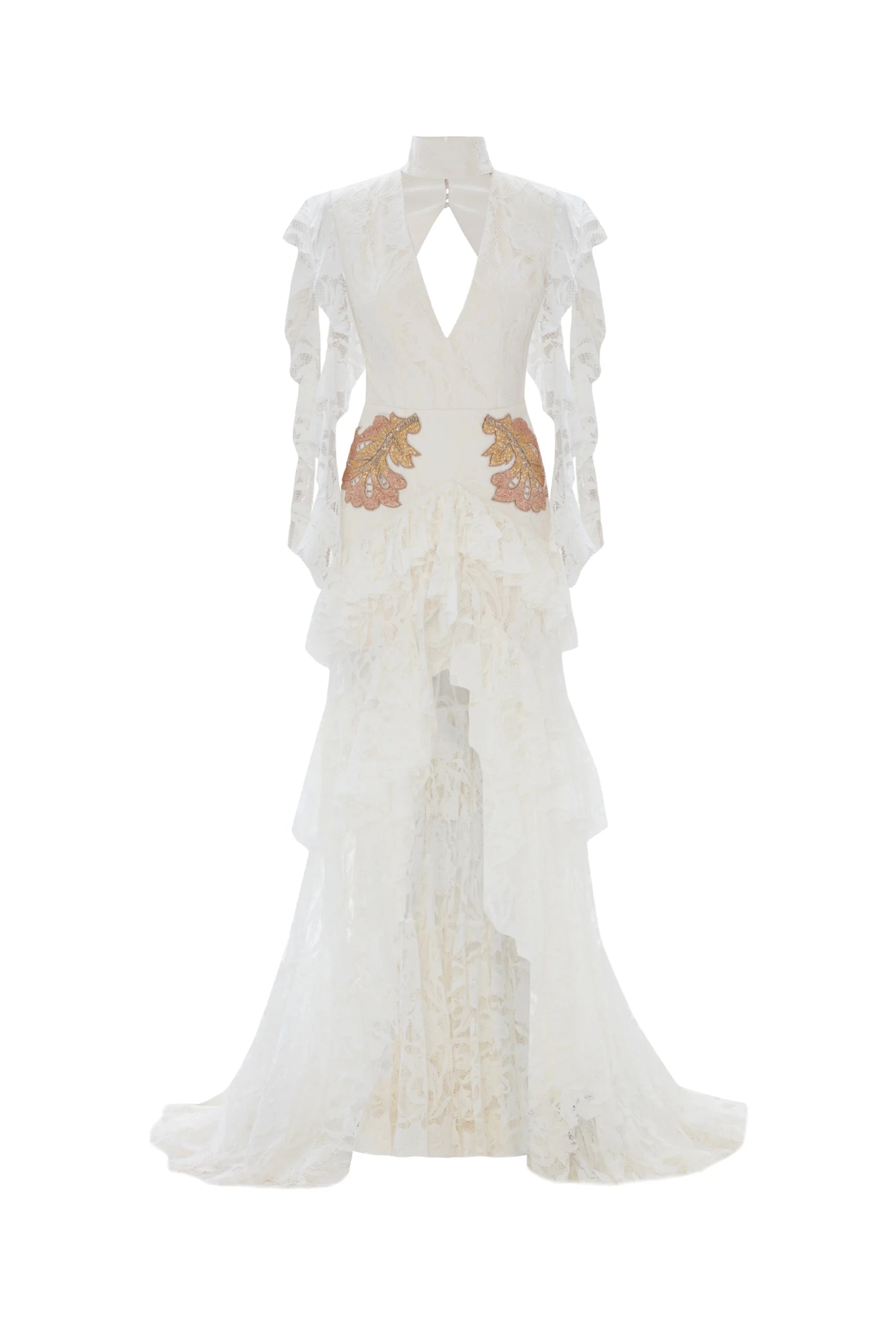 V-neckline and front slit with Embroidered Ruffled Lace Dress