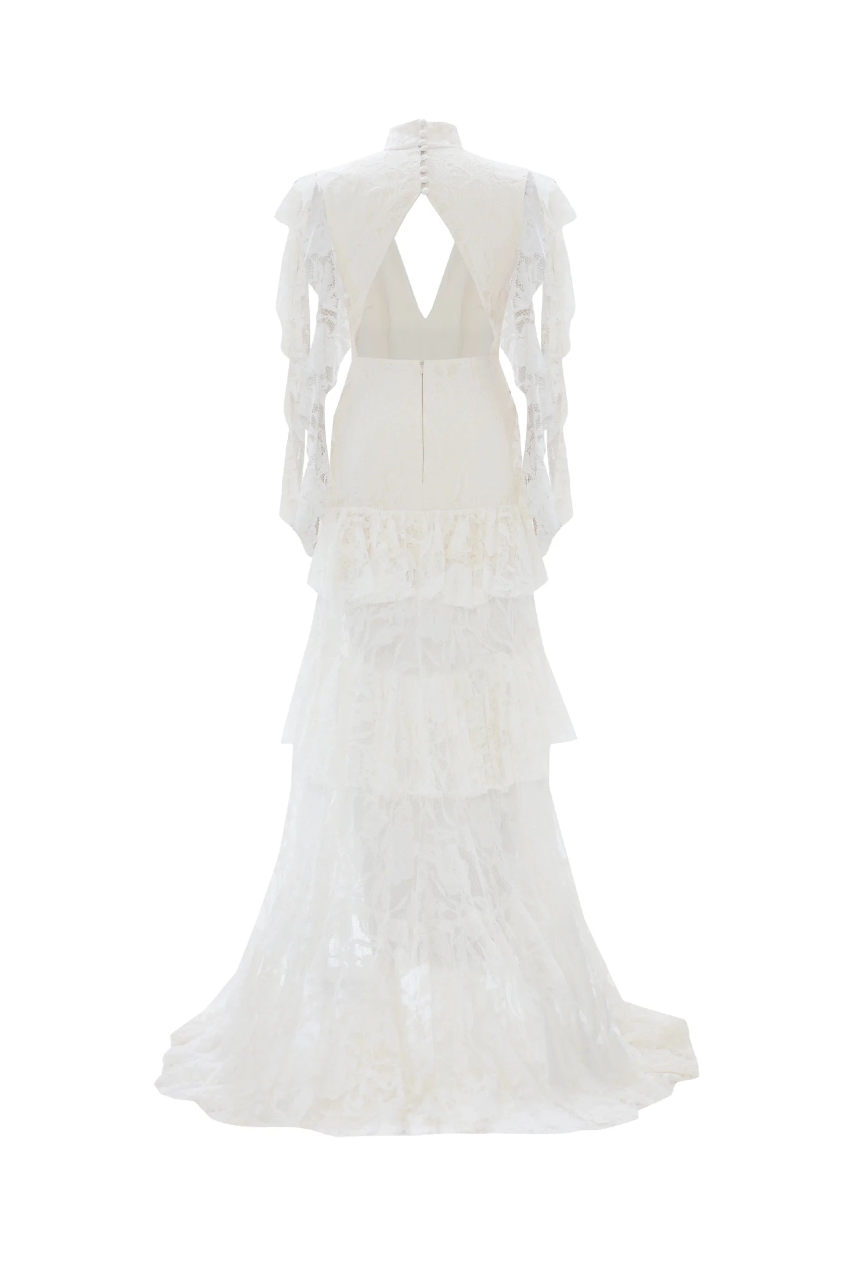V-neckline and front slit with Embroidered Ruffled Lace Dress