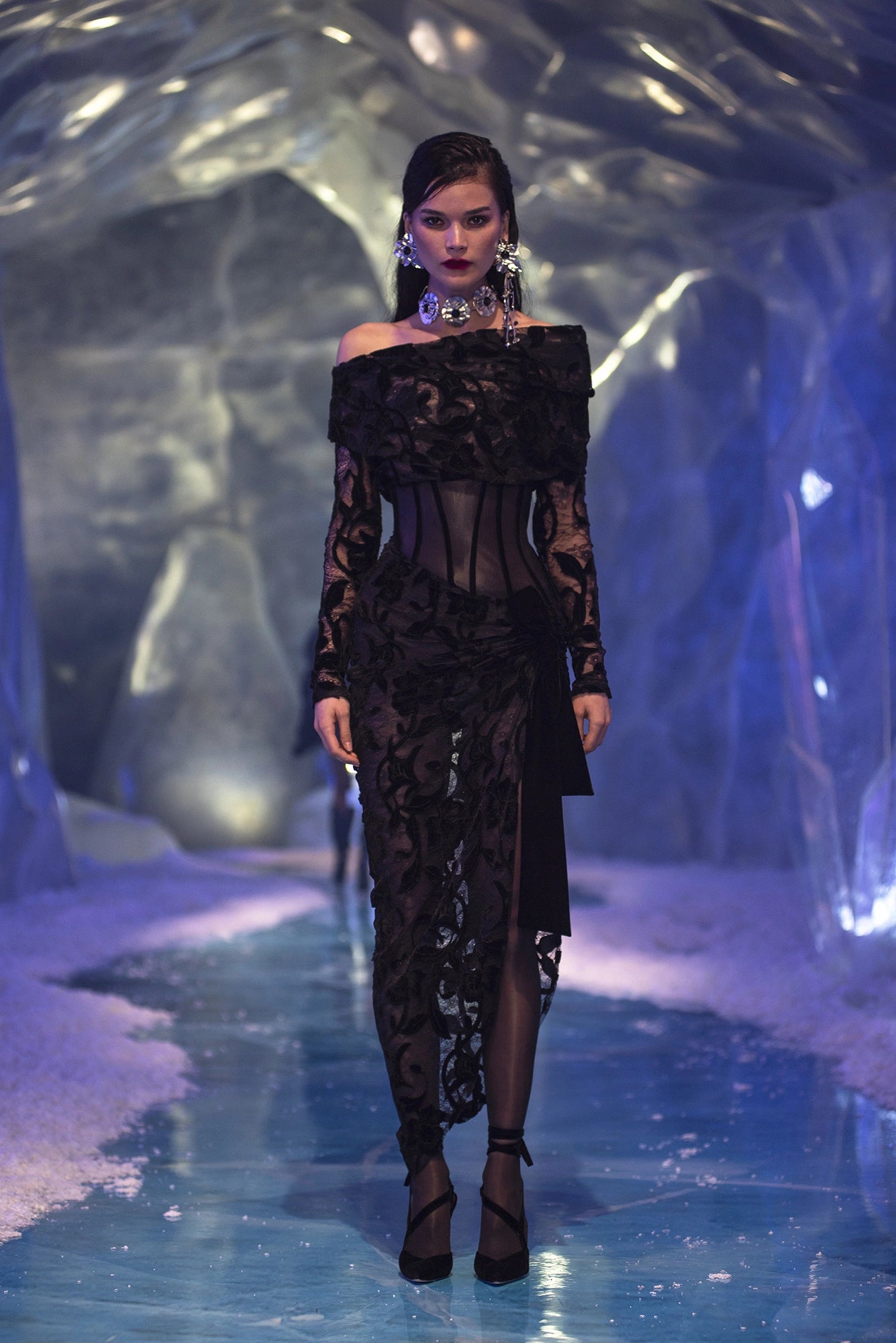 Velvet Blend Off-Shoulder Lace Midi Dress