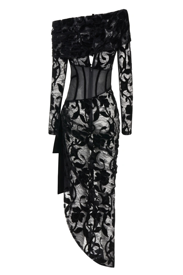Velvet Blend Off-Shoulder Lace Midi Dress