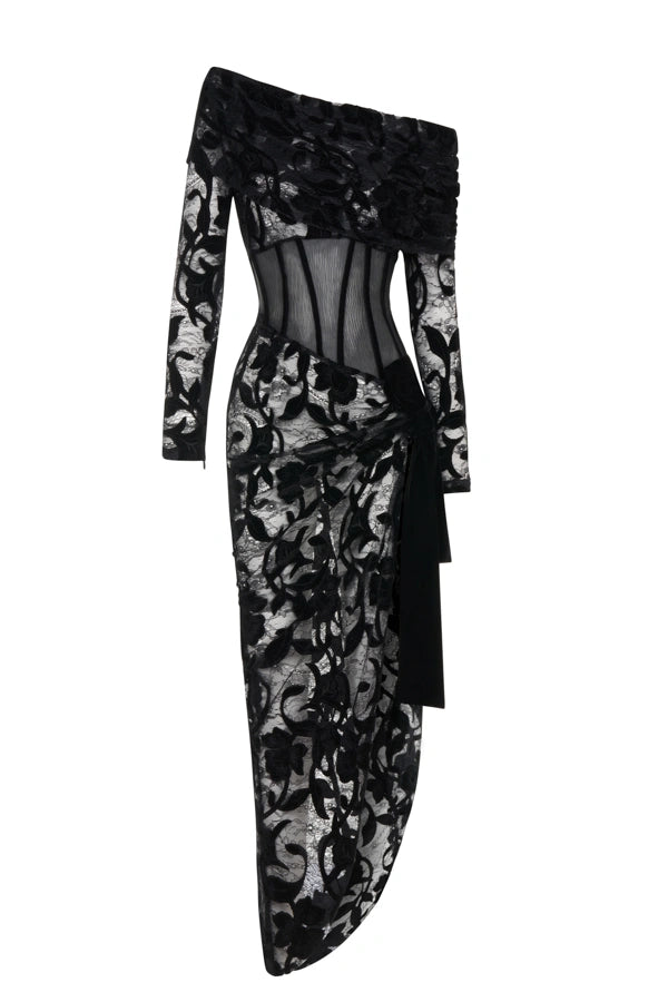 Velvet Blend Off-Shoulder Lace Midi Dress