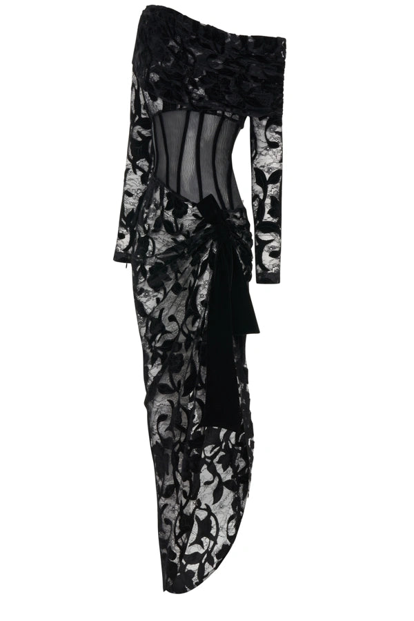 Velvet Blend Off-Shoulder Lace Midi Dress