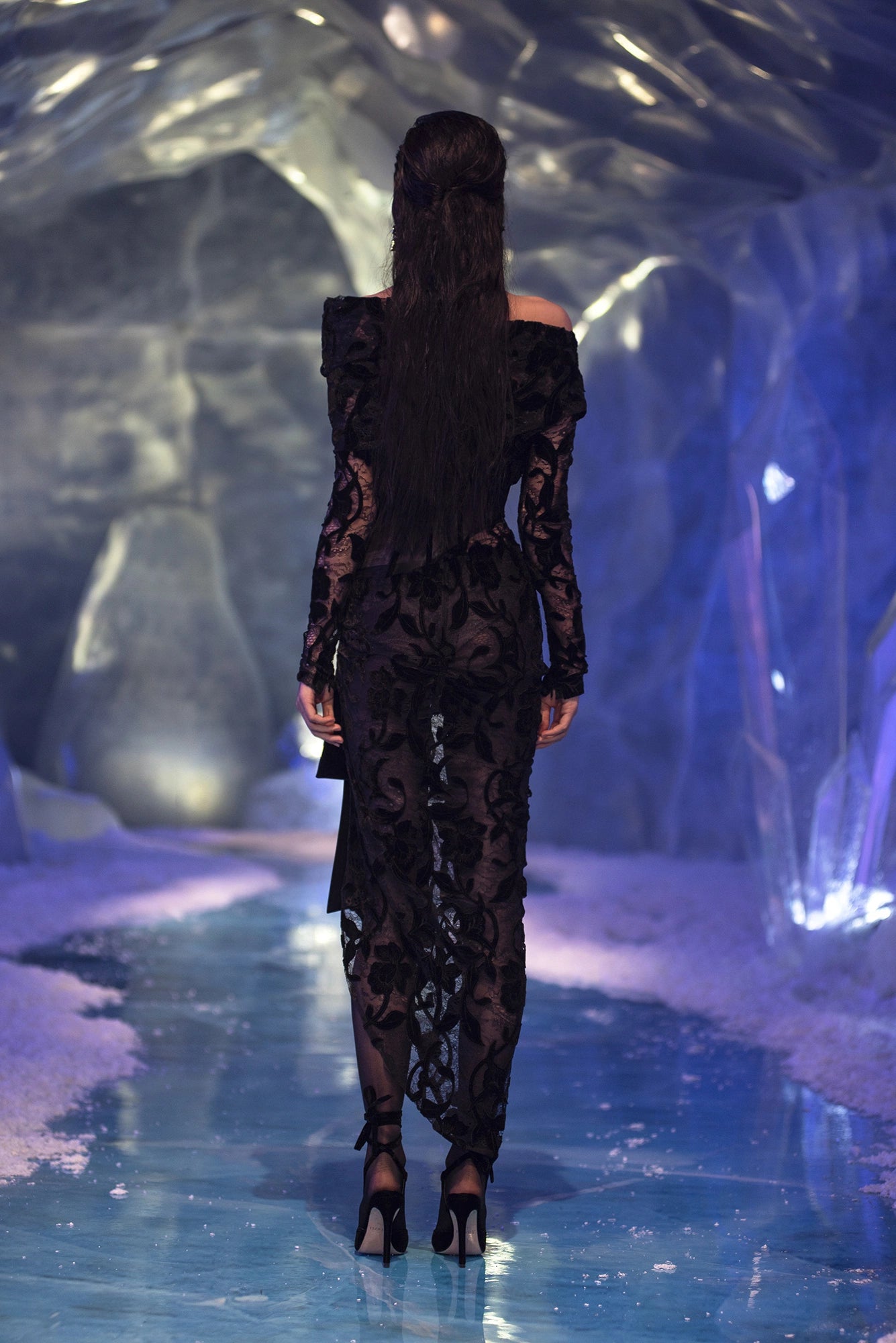 Velvet Blend Off-Shoulder Lace Midi Dress