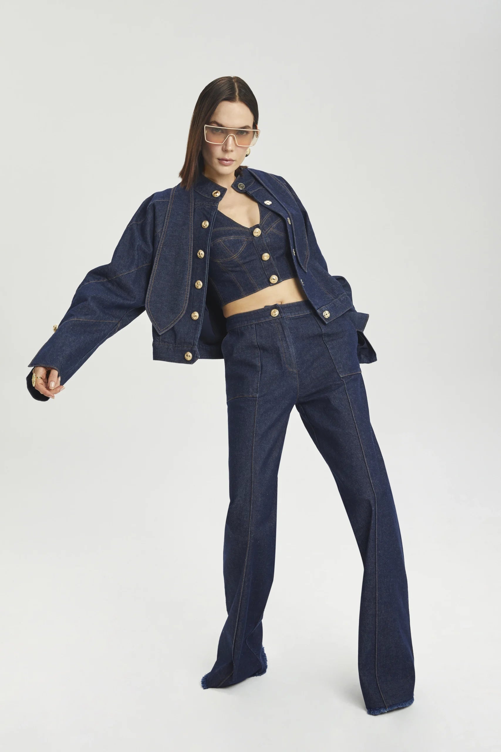 Wide-Leg Denim Pants with Contrast Detailing