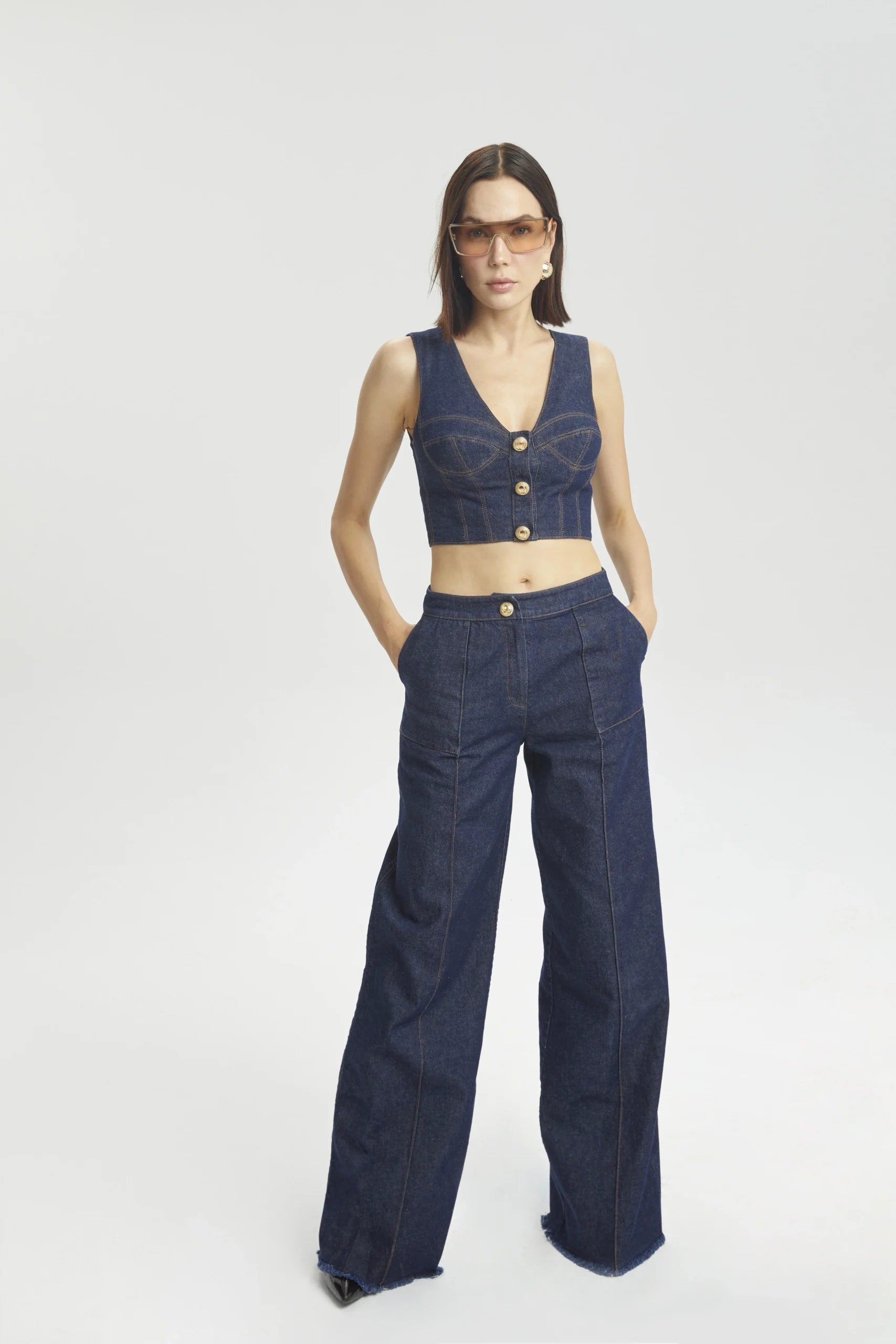 Wide-Leg Denim Pants with Contrast Detailing