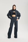 Wide-Leg Denim Trousers with Contrast Stitching