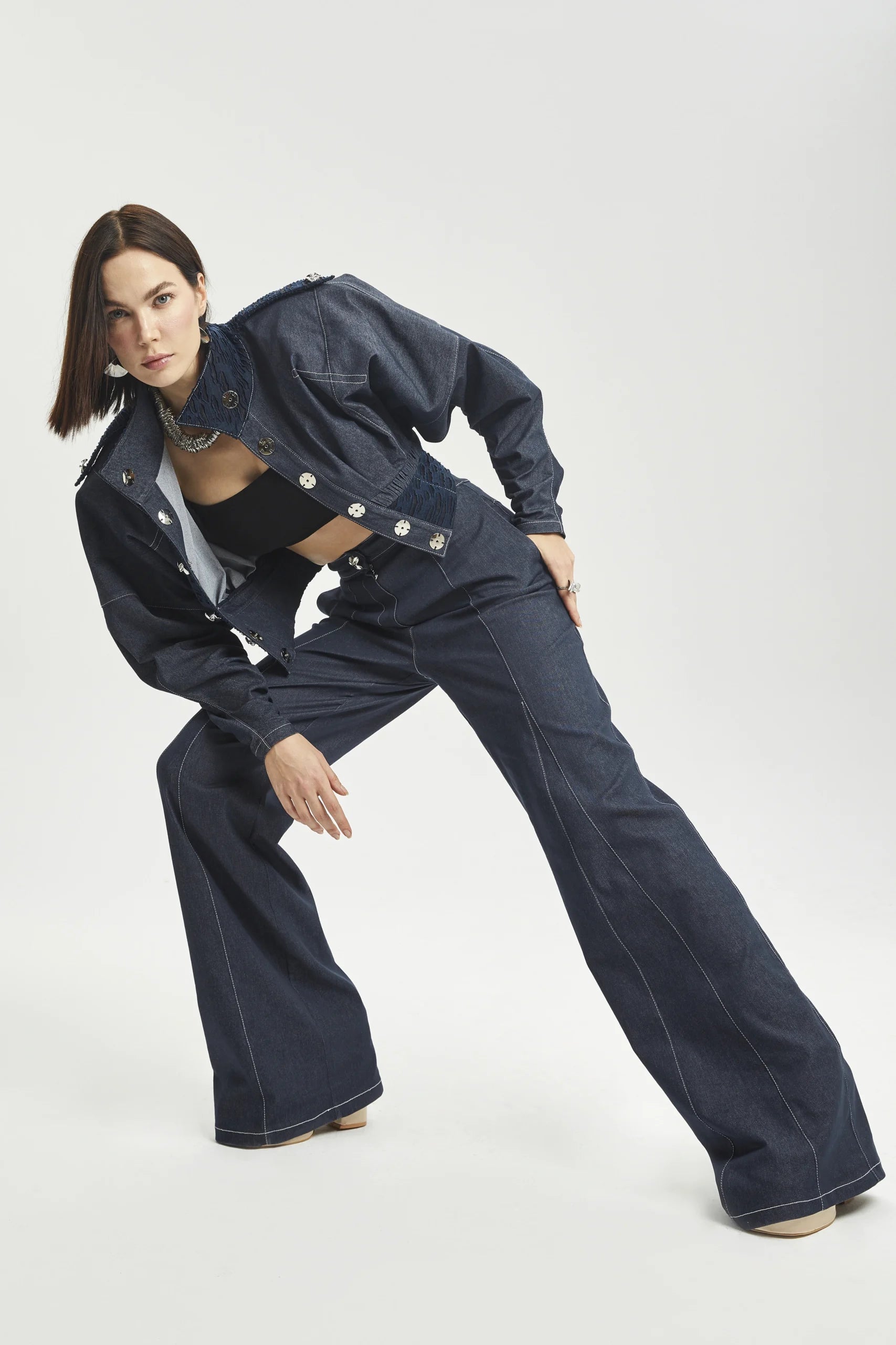 Wide-Leg Denim Trousers with Contrast Stitching