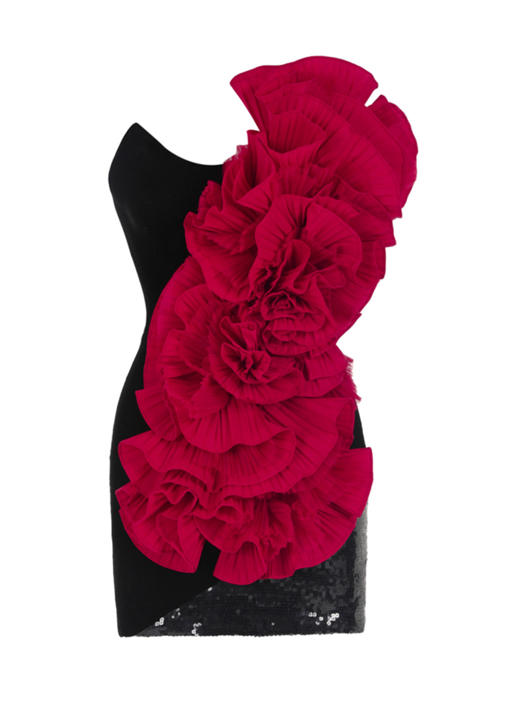 Assymetrical Ruffle Detailed Velvet Mini Dress