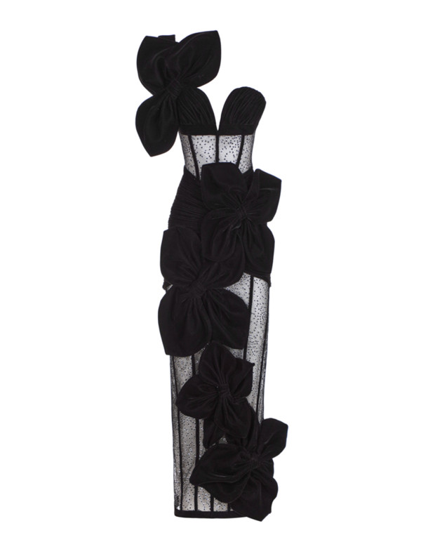 Flower Decorated Corset Velvet Ankle Length Dress