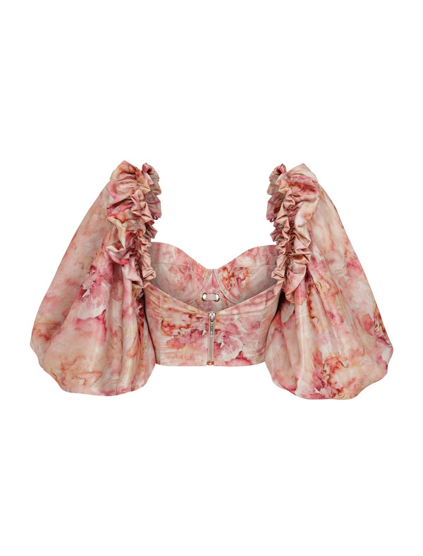 Puff Sleeved Floral Satin Bustier