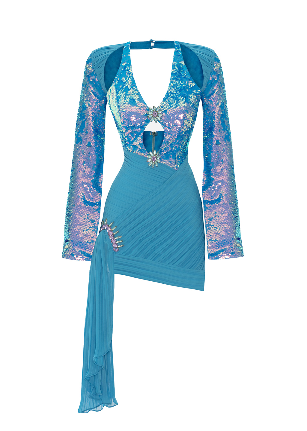 V Neck Long Sleeve Multi Color Sequined Mini Dress